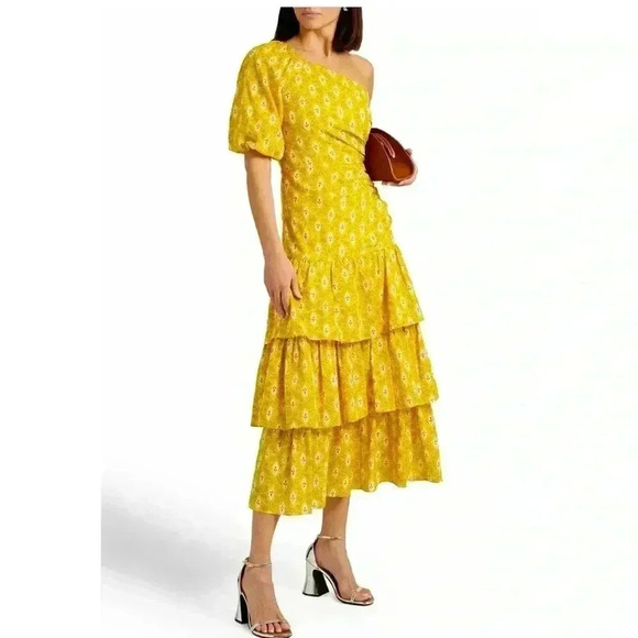 VERONICA BEARD Virginia Dress One Shoulder Floral Layered Yellow Cotton 6 NWT - Picture 1 of 10